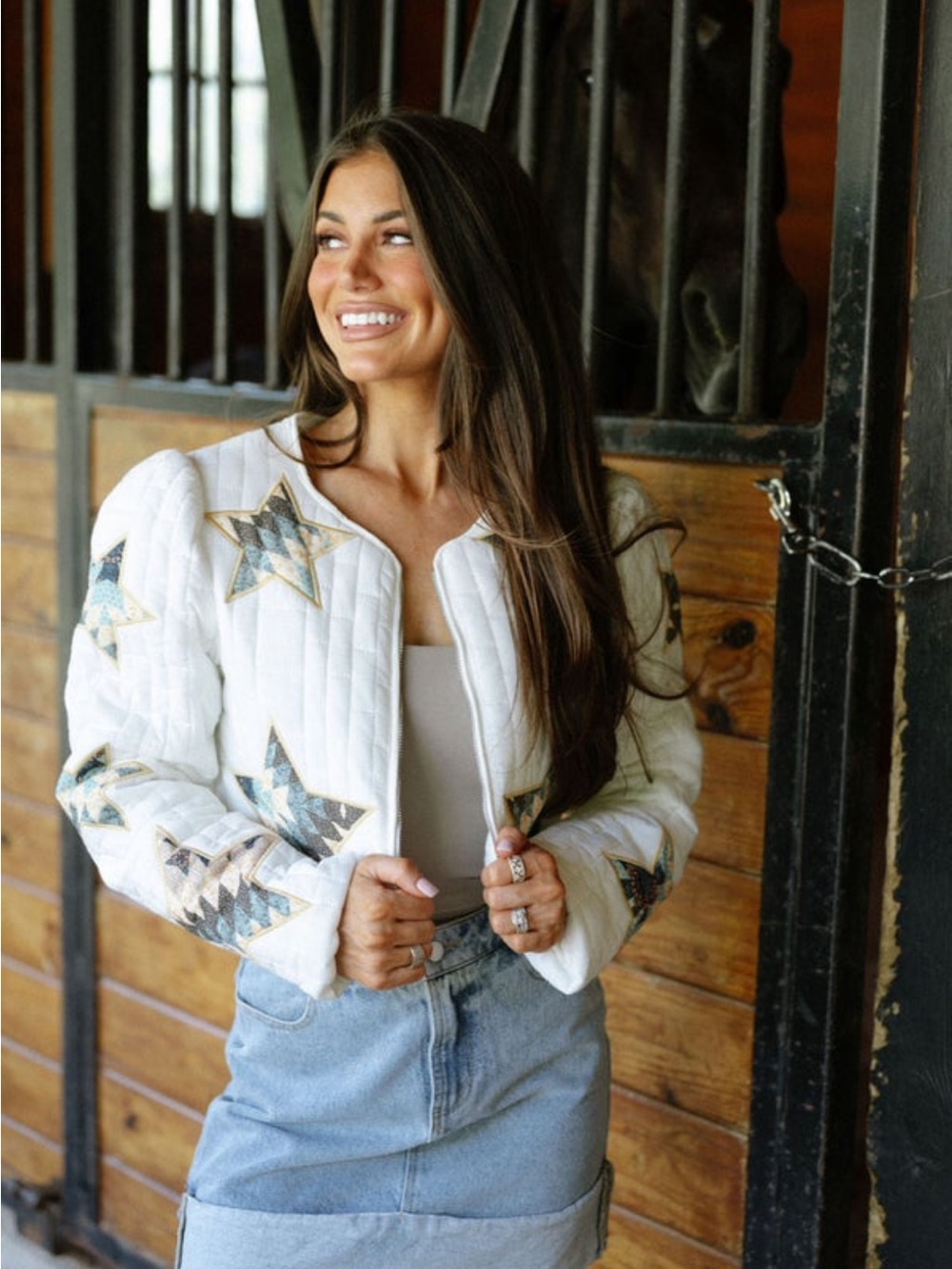 White Quilted Star-Appliqué Bomber Jacket - Women's